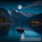 A Painting Of Lake At Night With Full Moon In The Sky And Boat Water Nature Ai Art