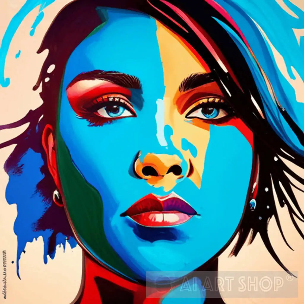 a painting of a woman's face with colorful blue hair