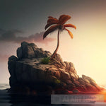 A Palm Tree On A Rock At Sunrise 2 Nature Ai Art