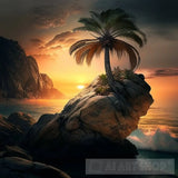 A Palm Tree On A Rock At Sunrise 4 Nature Ai Art