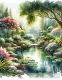 A Peaceful Garden Sanctuary - Watercolor Nature-Inspired Tranquil Ambiance Painting Soft Color