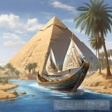 A Pharaonic Boat Traveling In The Nile River Next To Pyramids Ai Artwork