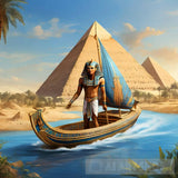 A Pharaonic Boat Traveling In The Nile River Next To Pyramids Ai Artwork