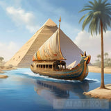 A Pharaonic Boat Traveling In The Nile River Next To Pyramids Ai Artwork