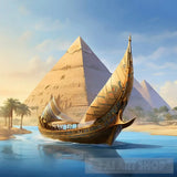 A Pharaonic Boat Traveling In The Nile River Next To Pyramids Ai Artwork