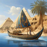 A Pharaonic Boat Traveling In The Nile River Next To Pyramids Ai Artwork