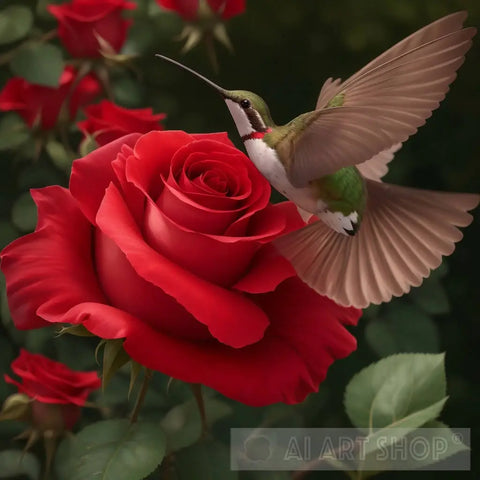 A Photorealistic Image Of A Hummingbird Flying Over Rose Nature Ai Art