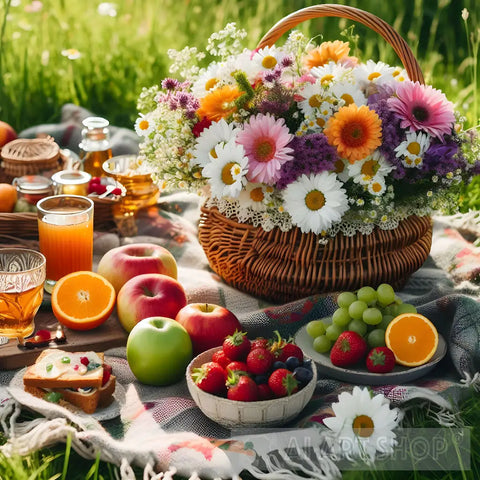A Picnic On A Green Meadow With Basket Of Fruits And Flowers Nature Ai Art