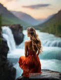 A Picture Of A Beautiful Girl On Waterfall And Wonderful View Ai Painting