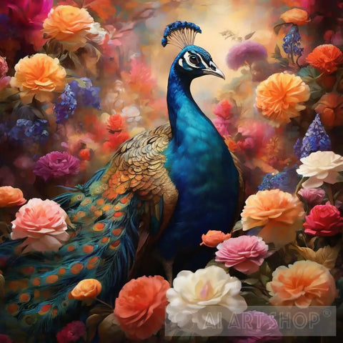 A Picture Of A Peacock Surrounded By Flowers And Amazing Colours Animal Ai Art