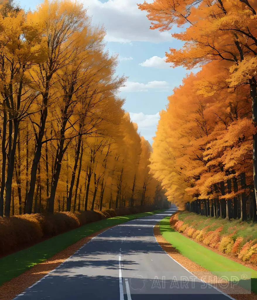 A picturesque countryside road lined with trees in full autumn foliage