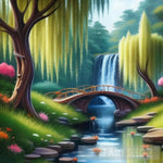 A River Running Through A Forest Of Willow Trees Landscape Ai Art