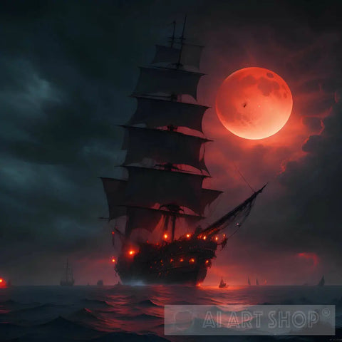 A Scary Pirate Ship Ominously Sailing Through The Dark Skies Away From Massive Glowing Red Moon