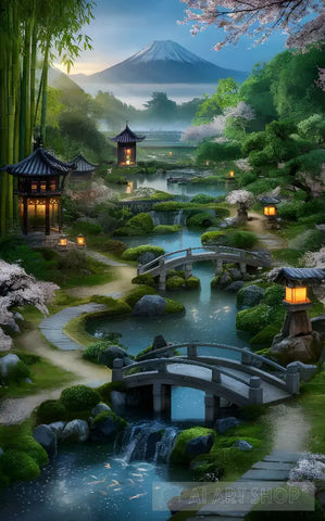 A Serene And Enchanting Japanese Garden In The Early Morning Hours Where Delicate Fragrance Of