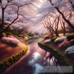 A Serene Cherry Blossom Park Is In Full Bloom With Petals Gently Falling Into A Meandering Stream.