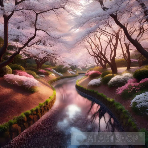 A Serene Cherry Blossom Park Is In Full Bloom With Petals Gently Falling Into A Meandering Stream.