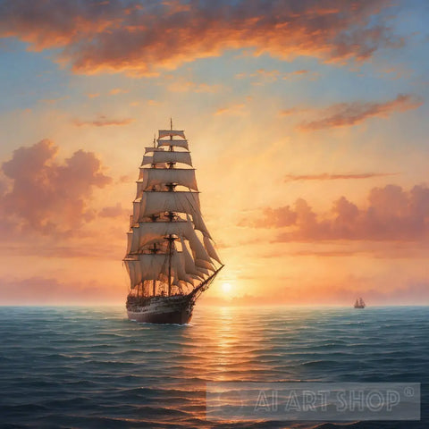 A Ship Sailing At Sunset Ai Artwork