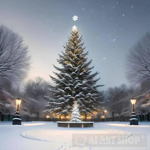 A Snow-Covered Winter Wonderland With A Majestic Christmas Tree In The Center Nature Ai Art