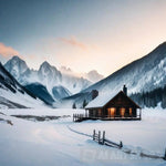 A Snowy Landscape With Towering Mountains In The Background And A Cozy Cabin Nestled Foreground