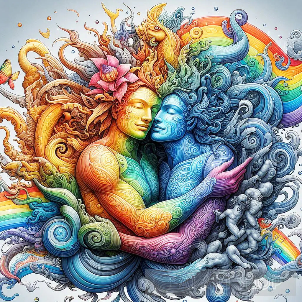 affection, love, statue, couple, emotion, feeling, rainbow, passion...