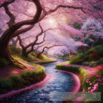 A Stream’s Journey Through A Cherry Blossom Park Nature Ai Art