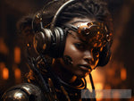 A Striking Portrait Of An Elegant Ebony Girl Donning A Sleek Cyberpunk Headset And High-Tech Gear Ai