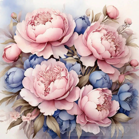 A Stunning Bouquet Of Pink Peonies And Blue Flowers Ai Artwork