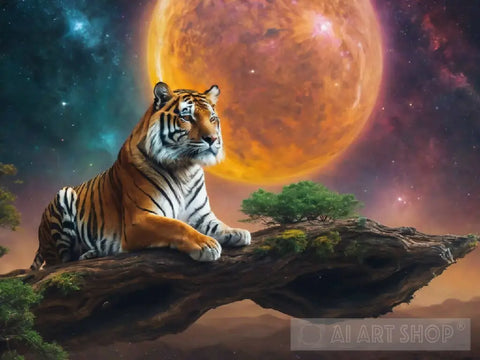 A Tiger While Sitting On Tree Ai Artwork