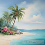 A Tropical Beach With Palm Trees White Sand And Clear Turquoise Waters. Landscape Ai Art