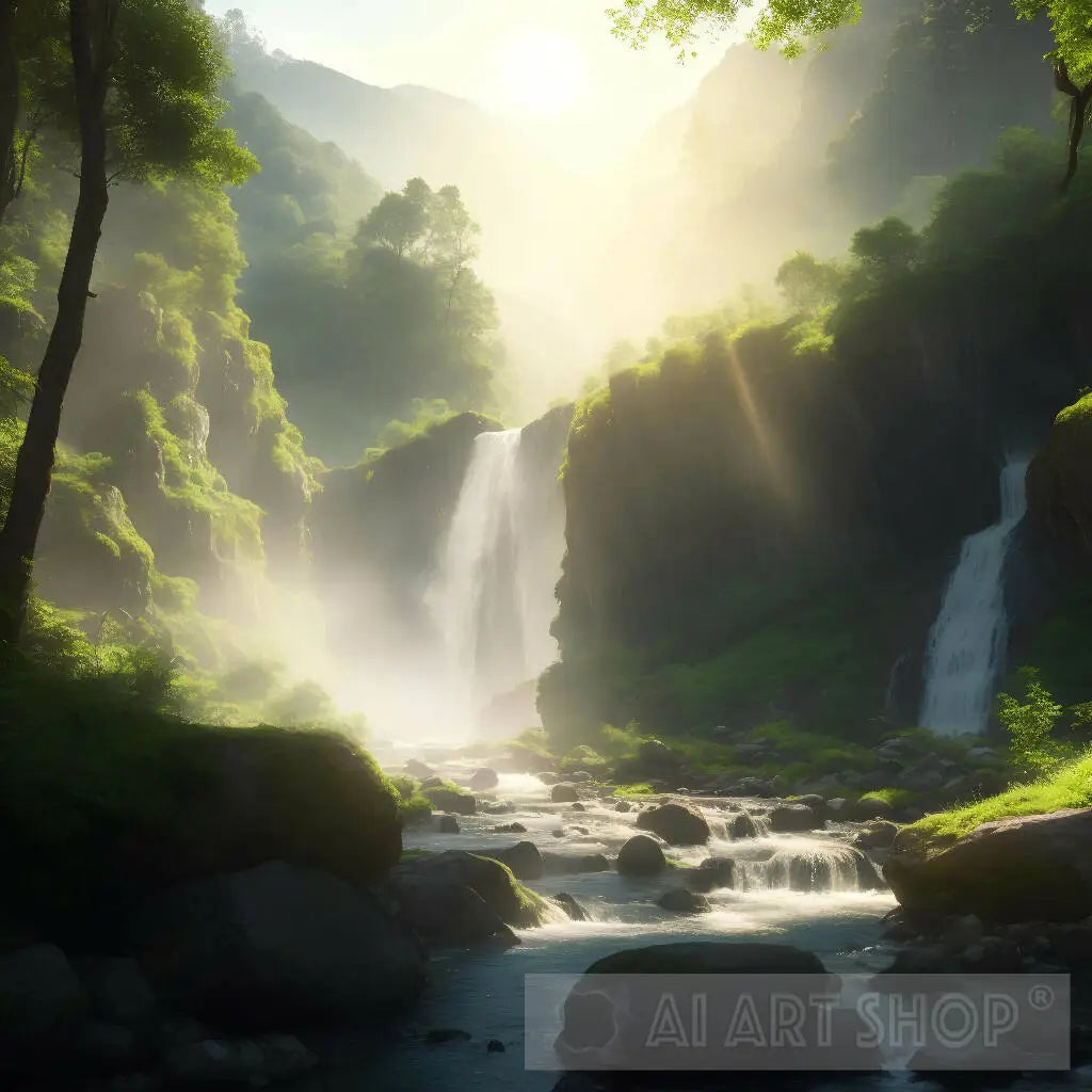 a valley with a cool waterfall, and sunlight pouring in, green tree...