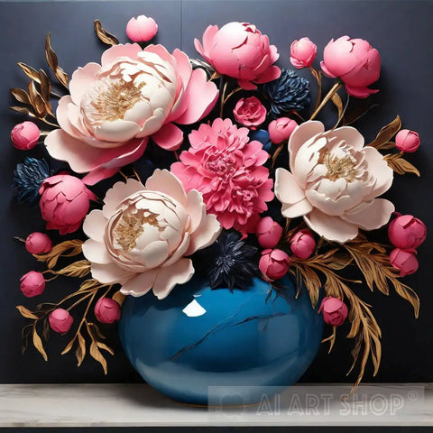 A Vibrant And Bold Composition Of Pink Peonies Blue Flowers Ai Artwork