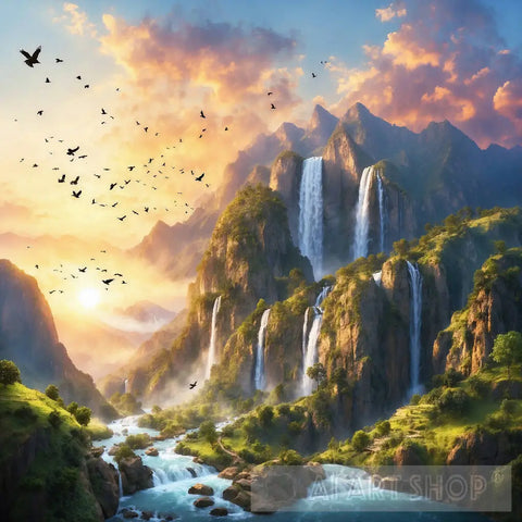 A Waterfall Falling From The Tops Of Mountains Nature Ai Art