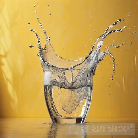 A White Glass With Splashing Water Yellow Wall Ai Artwork