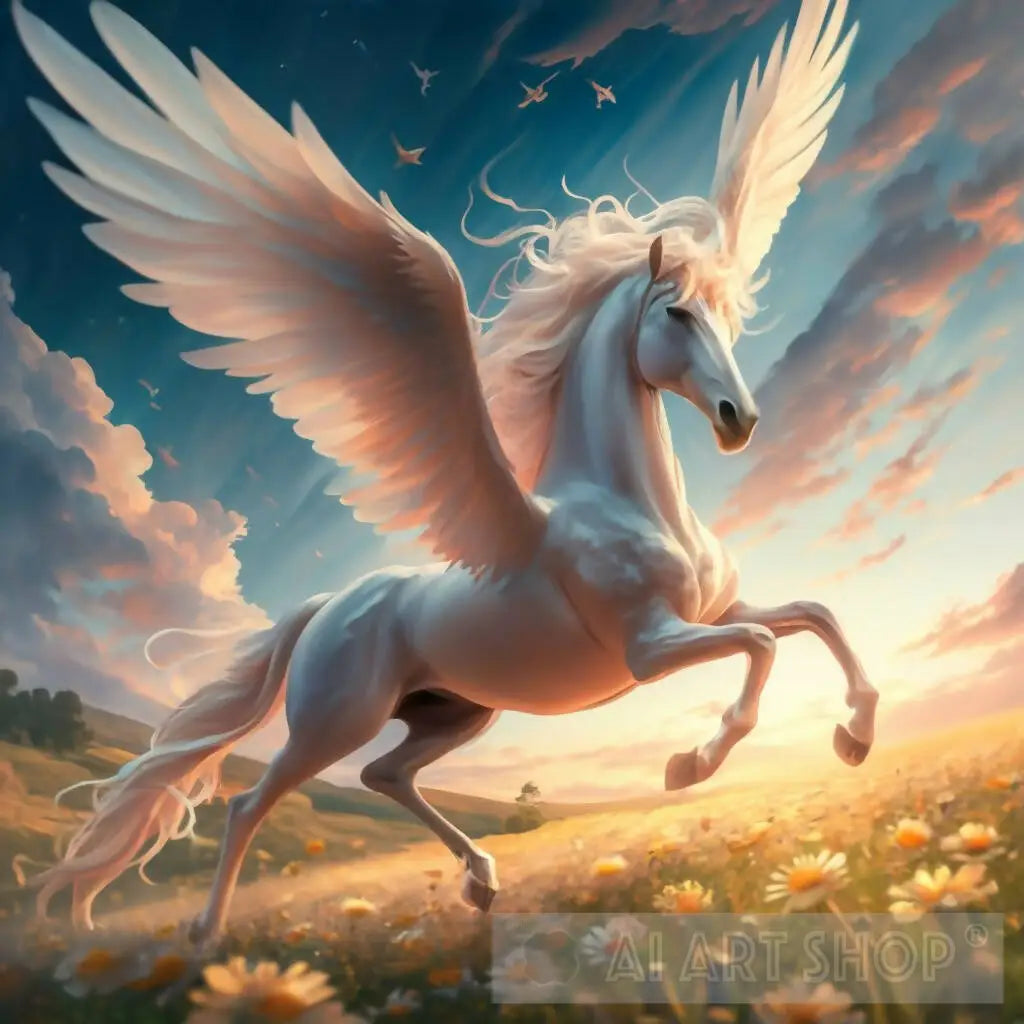 A white horse with wings flies in the sky