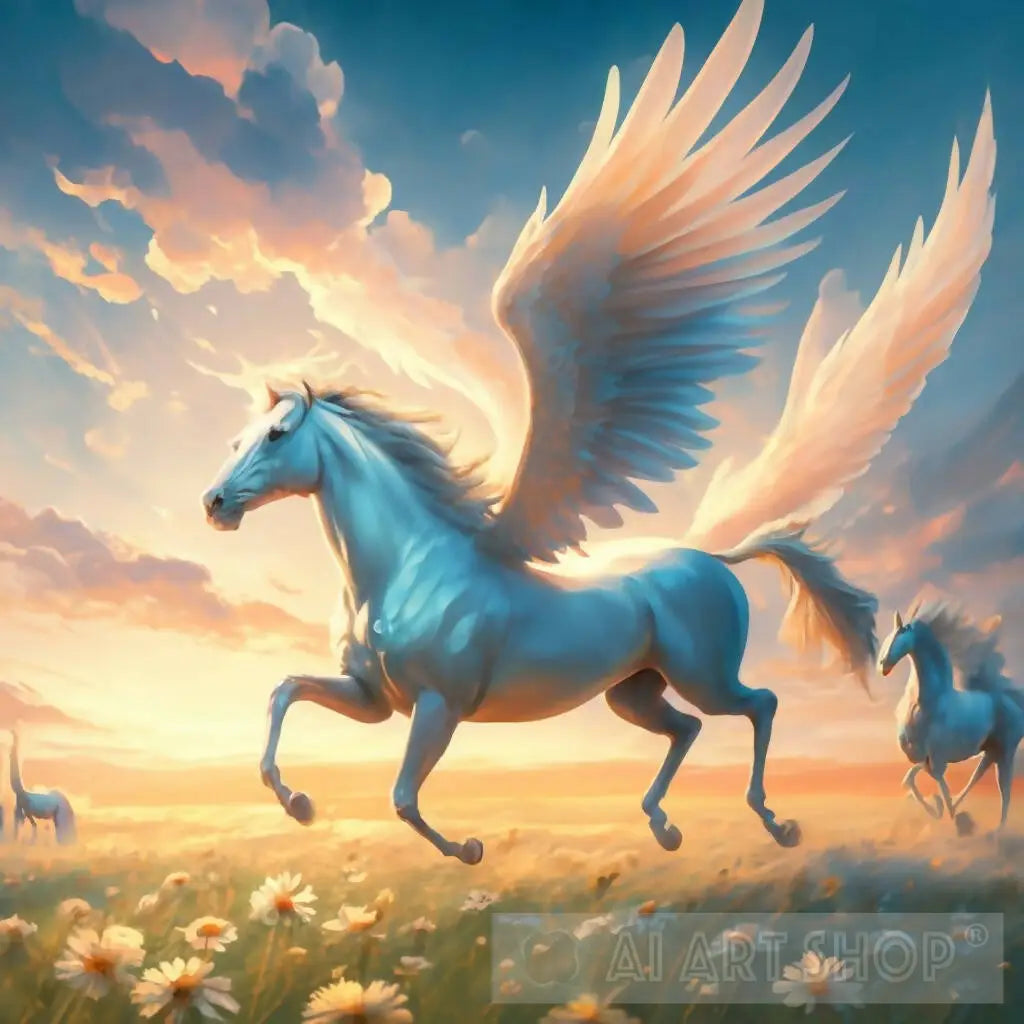 A white horse with wings flies in the sky