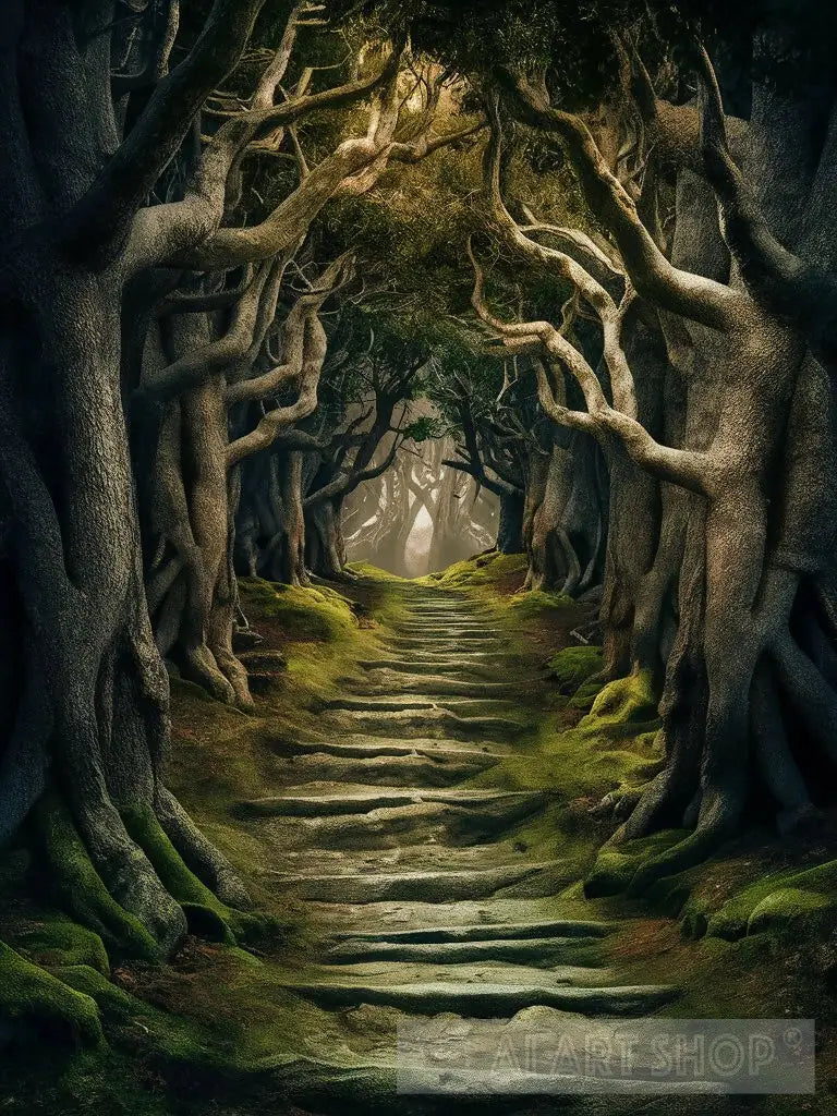 A winding stone path disappearing into a dense forest.