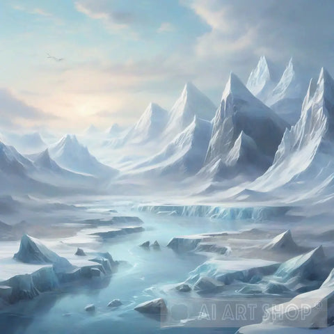 A Winter Landscape With Snow-Covered Mountains Ai Artwork