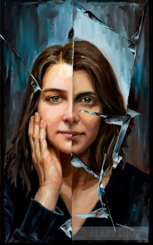 A Woman Gazes Into Craked Mirror Portrait Ai Art