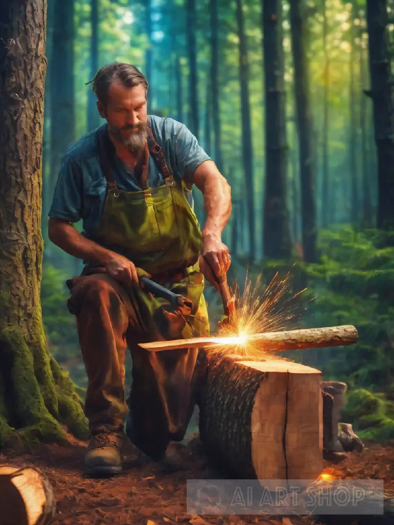 a wood cutter while cutting wood