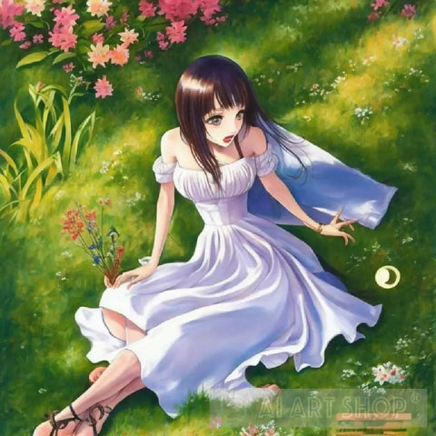 A Young Women Wearing A White Dress Sitting And Relaxing In The Quiet Garden Nature Ai Art