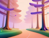 An expansive view of a dense, misty forest with towering ancient trees and a winding path