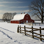 A farm with snow-covered barns, fences, and fields (2)