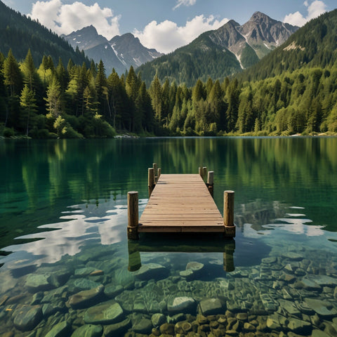 A serene lakeside scene with crystal-clear water reflecting the lush green trees and surrounding mountains