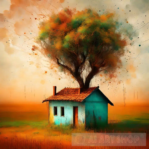 Abstract Autumn Homestead House Landscape Ai Art