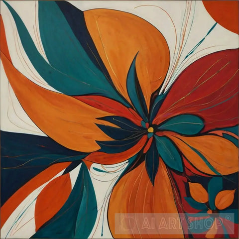 Abstract Floral In Orange And Teal Ai Artwork