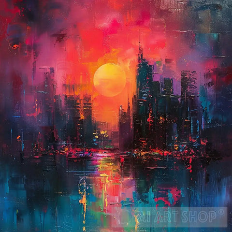 Abstract Futuristic Skyline - Night Scene Expressionism Ai Art
