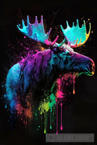 Abstract Neon Paint Splash Art Moose Animal Ai Art