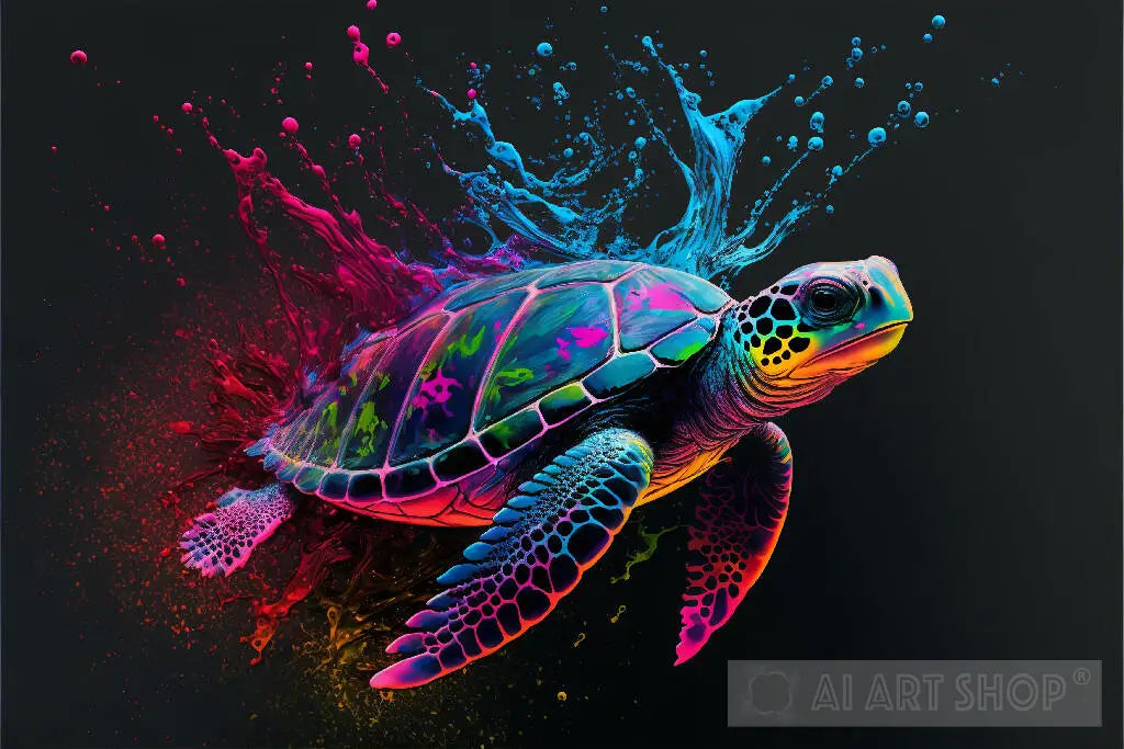 Abstract neon paint splash art turtle animal