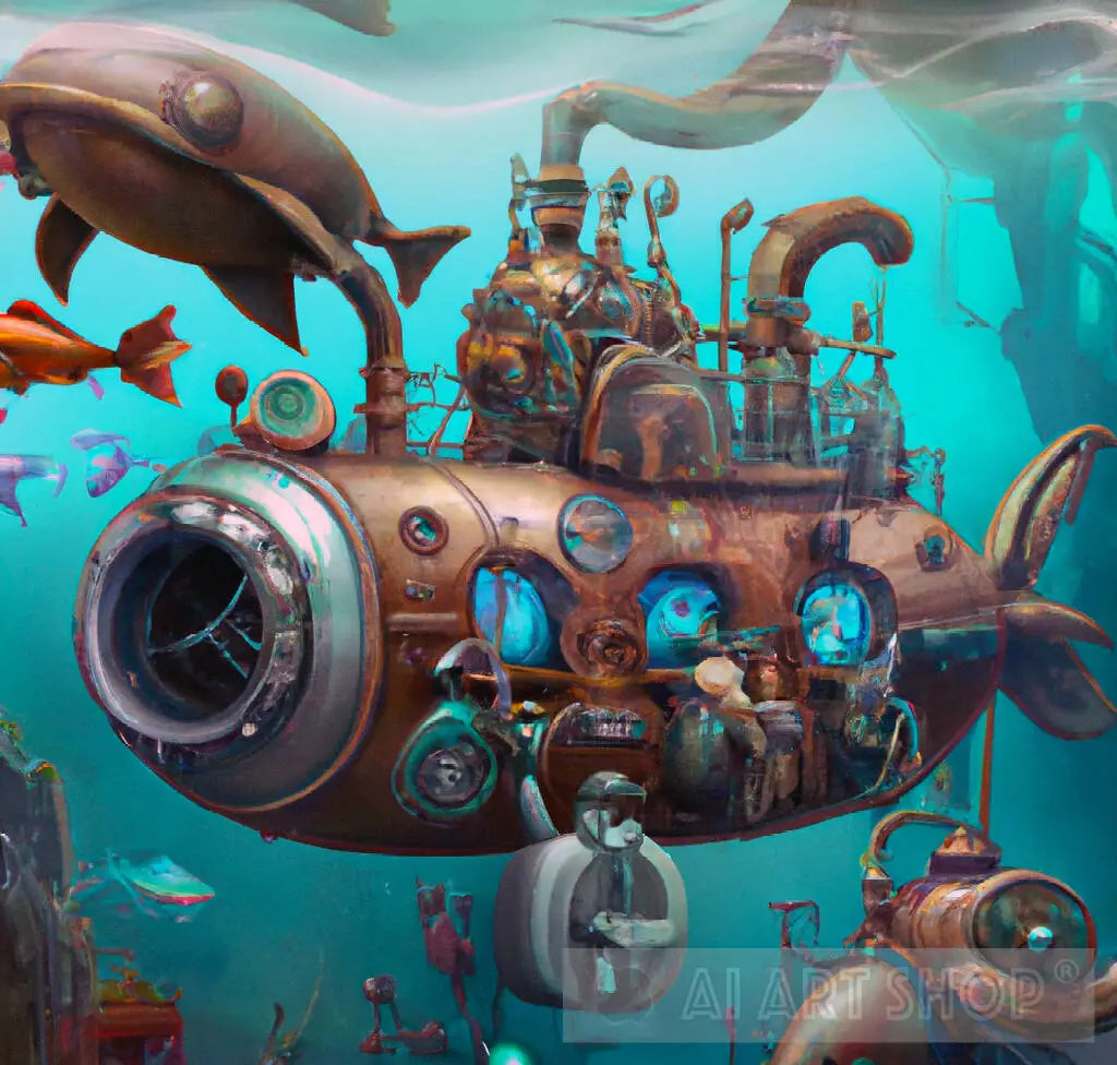 Abyss Safari: Bathyscape and vintage diver in fantasy underwater wo...