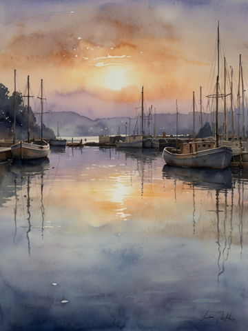 Serene Harbor Sunset Watercolor Painting 1